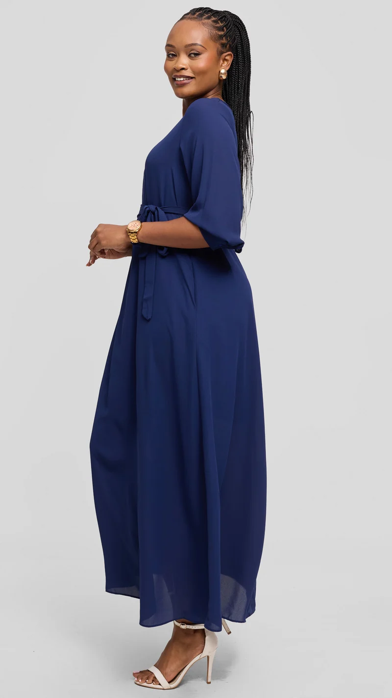 Vivo Hadiya 3/4 Sleeve Maxi Dress in Chiffon - Navy