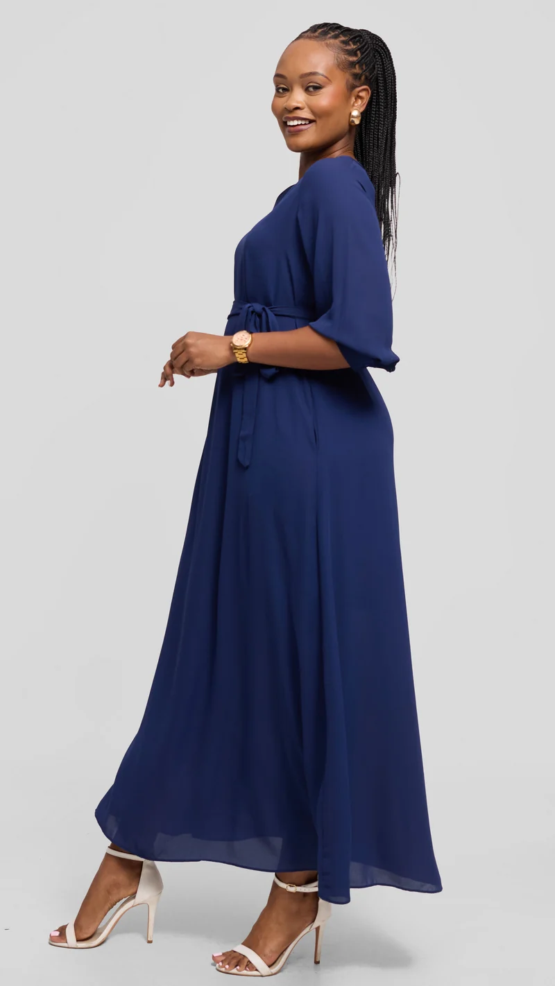 Vivo Hadiya 3/4 Sleeve Maxi Dress in Chiffon - Navy
