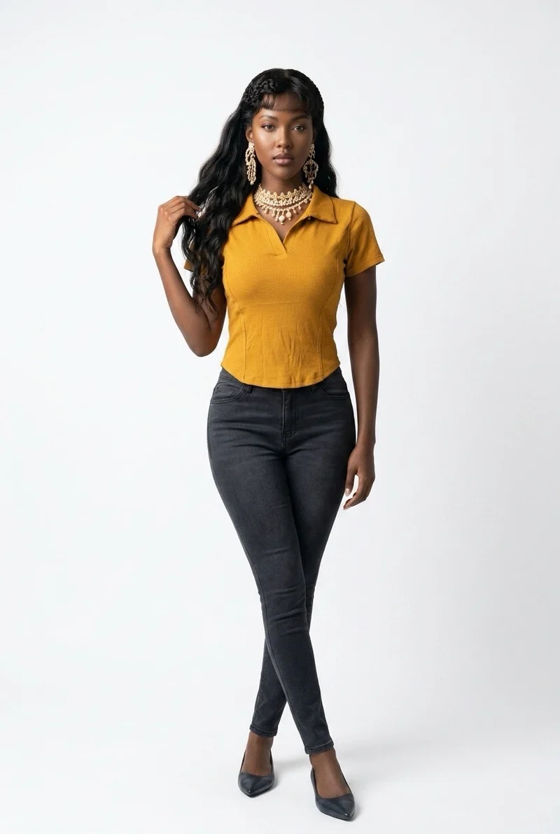 Stylish Sisters Corset-Style Curved Hem Polo Top - Mustard Yellow