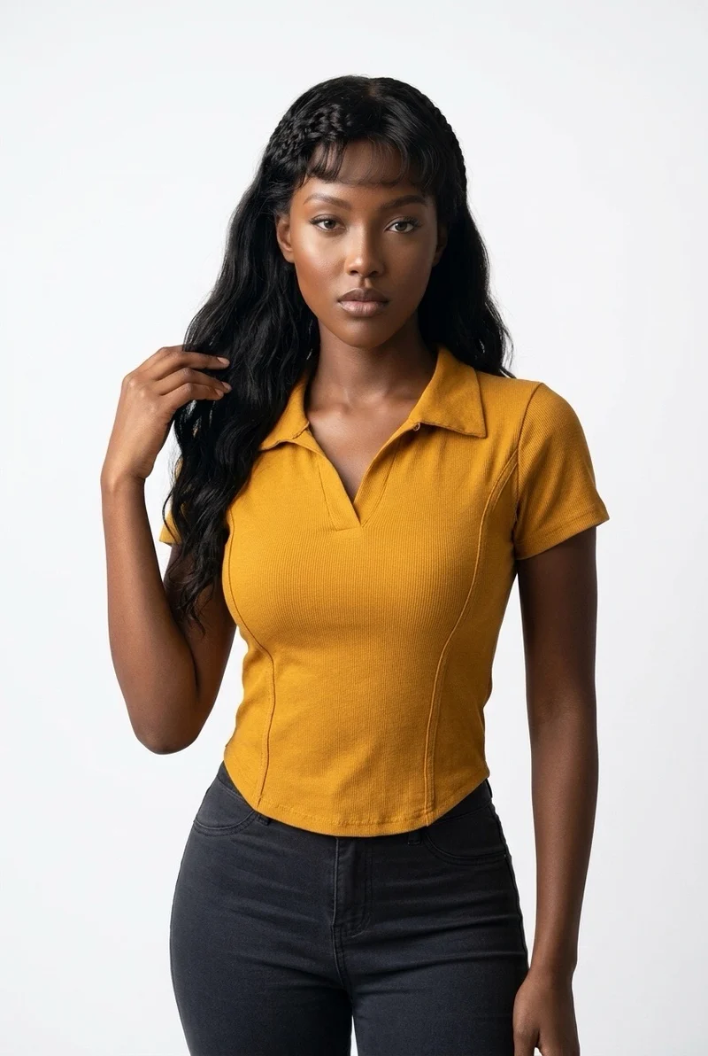 Stylish Sisters Corset-Style Curved Hem Polo Top - Mustard Yellow