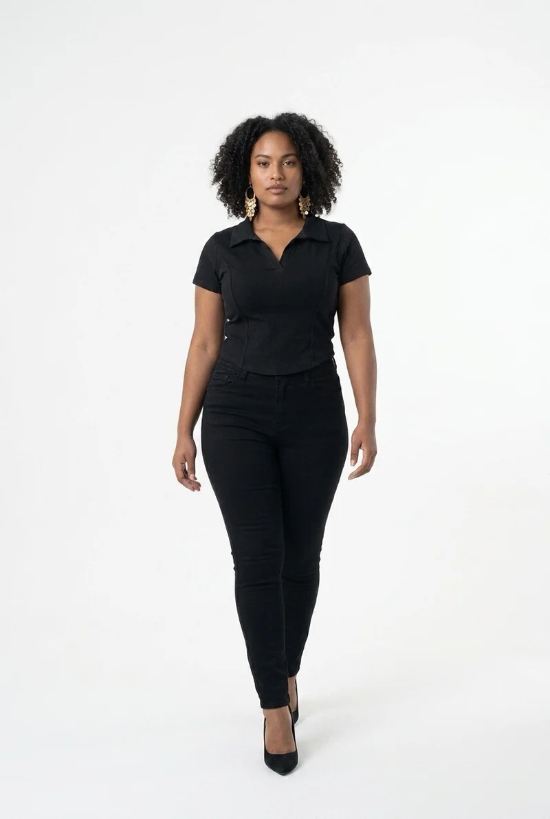 Stylish Sisters Corset-Style Curved Hem Polo Top - Black