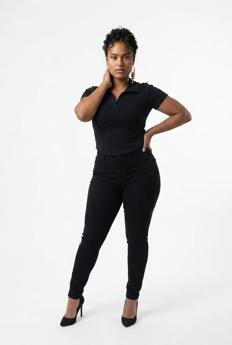 Stylish Sisters Corset-Style Curved Hem Polo Top - Black