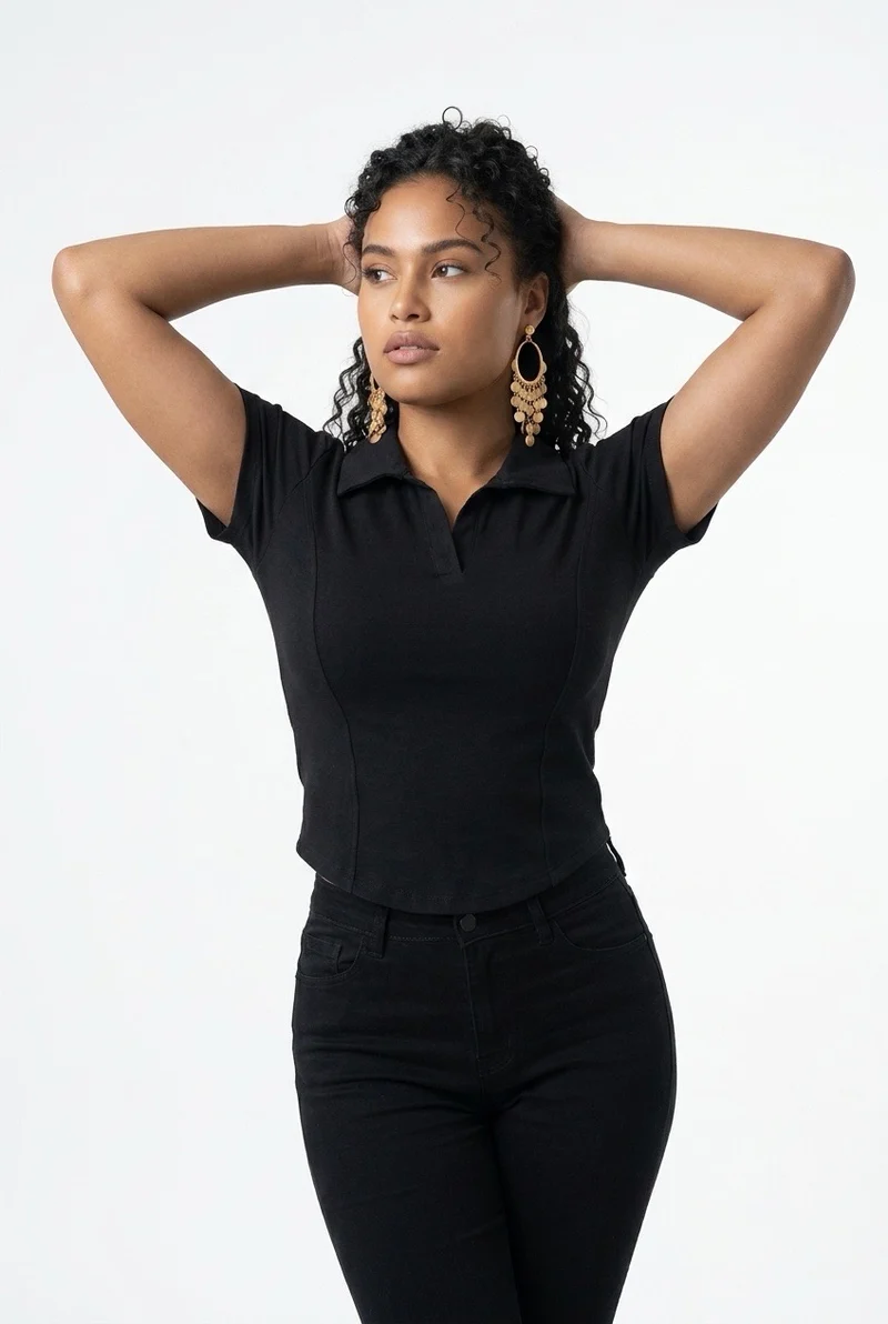Stylish Sisters Corset-Style Curved Hem Polo Top - Black