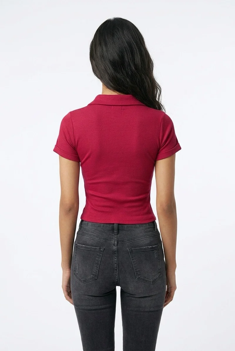 Stylish Sisters Corset-Style Curved Hem Polo Top - Maroon