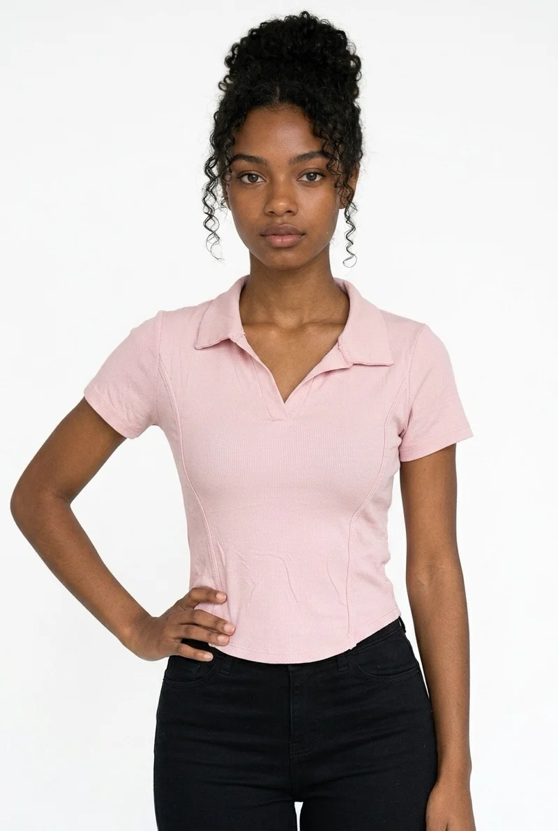 Stylish Sisters Corset-Style Curved Hem Polo Top - Peach