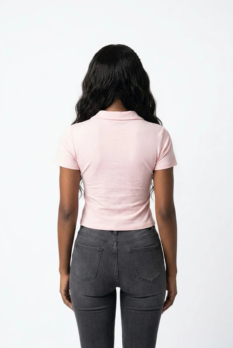 Stylish Sisters Corset-Style Curved Hem Polo Top - Peach