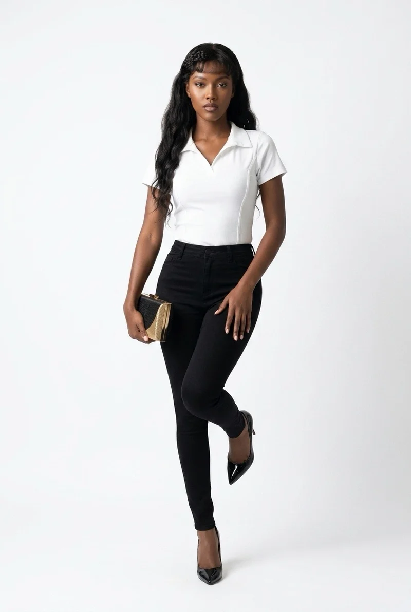 Stylish Sisters Corset-Style Curved Hem Polo Top - White