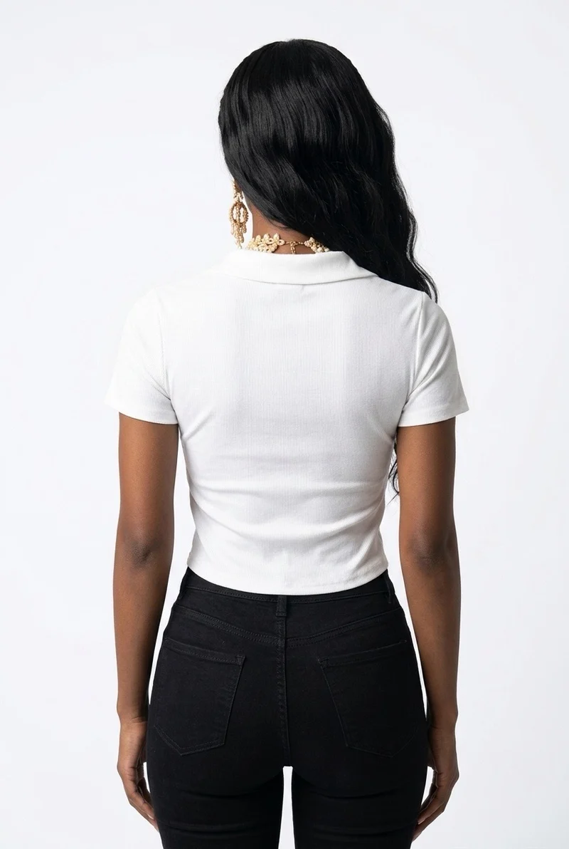 Stylish Sisters Corset-Style Curved Hem Polo Top - White