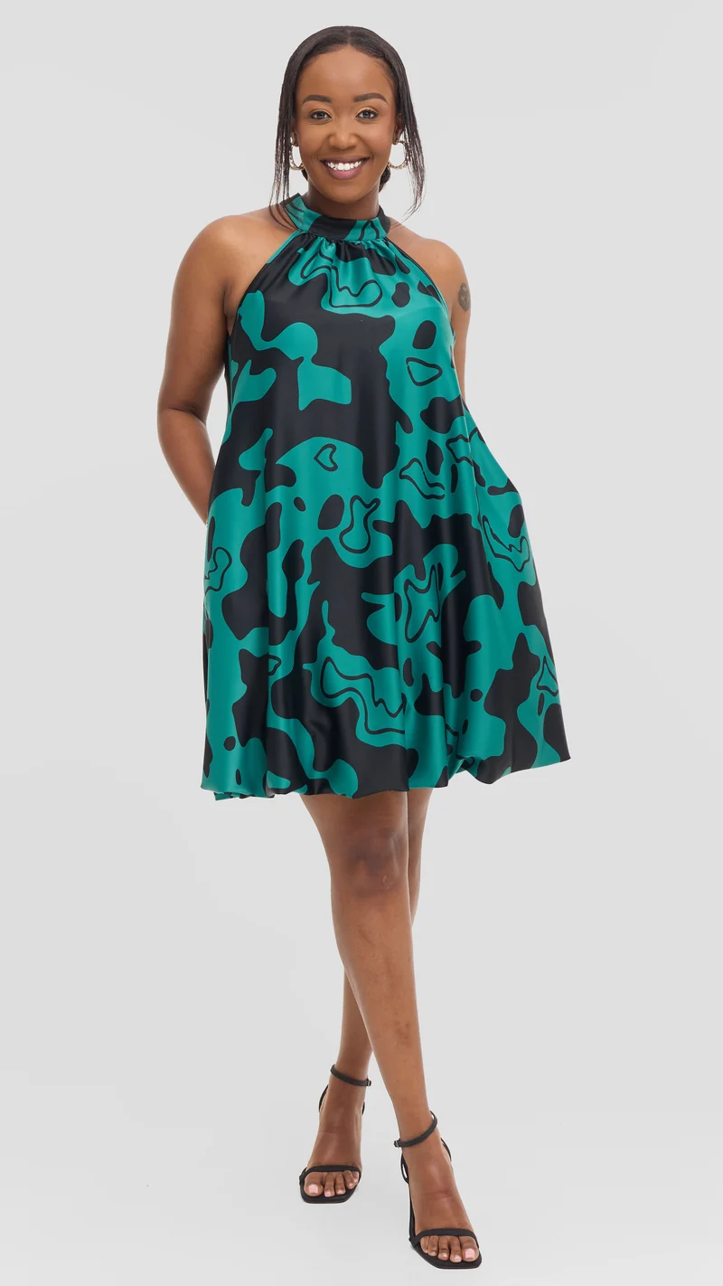 Vivo Iyana Bubble Mini Dress in Satin - Dark Green / Black Riwa Print