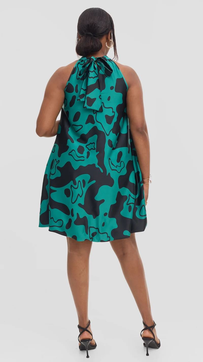 Vivo Iyana Bubble Mini Dress in Satin - Dark Green / Black Riwa Print