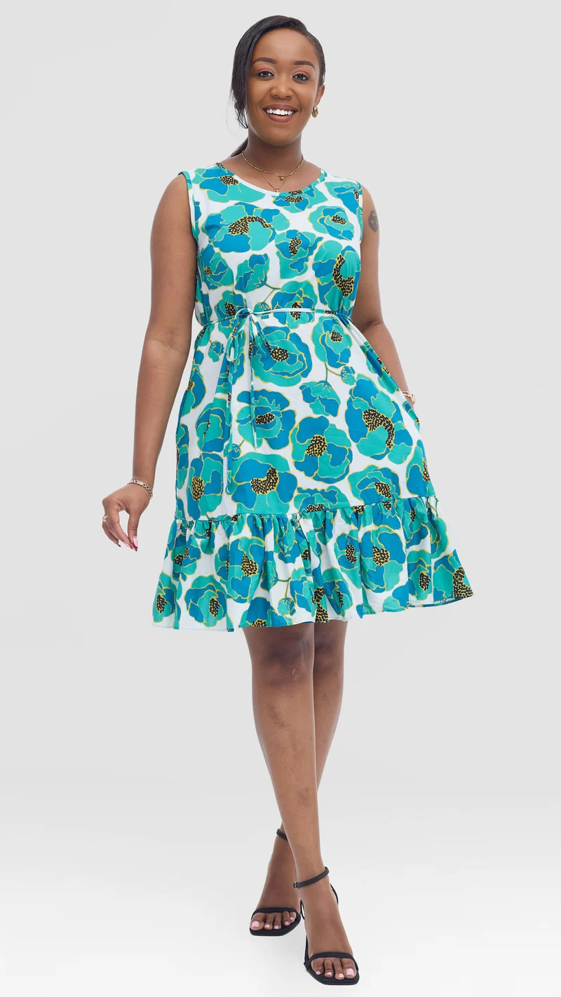 Vivo Dalia Sleeveless Gathered Dress In Cotton - Blue Multicolor Print