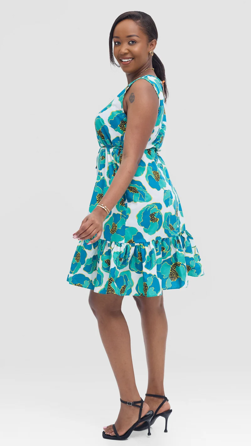 Vivo Dalia Sleeveless Gathered Dress In Cotton - Blue Multicolor Print