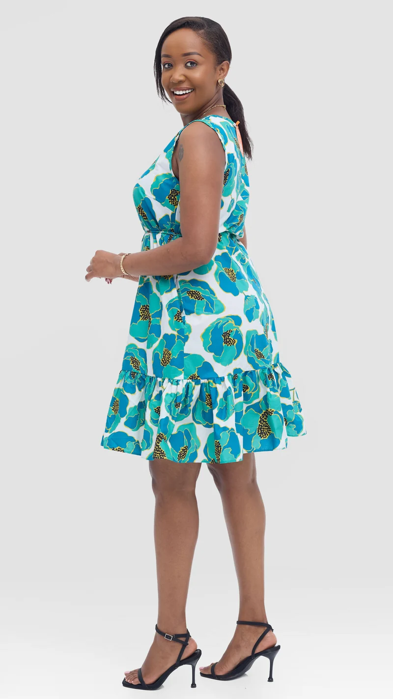 Vivo Dalia Sleeveless Gathered Dress In Cotton - Blue Multicolor Print