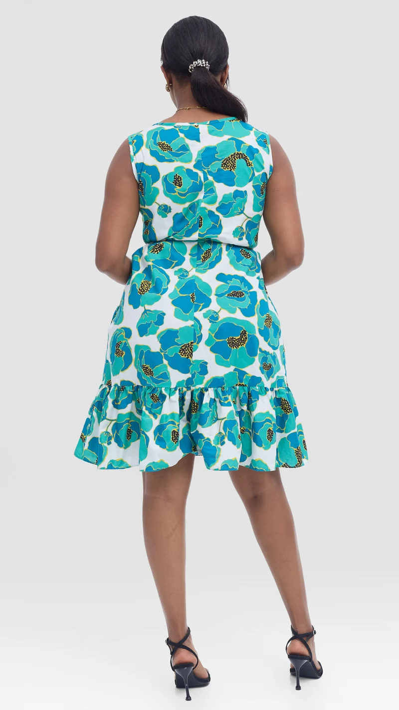 Vivo Dalia Sleeveless Gathered Dress In Cotton - Blue Multicolor Print