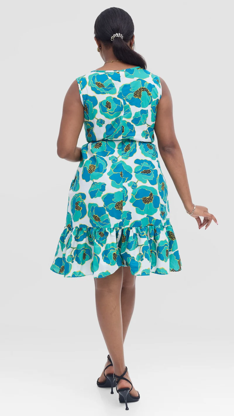 Vivo Dalia Sleeveless Gathered Dress In Cotton - Blue Multicolor Print