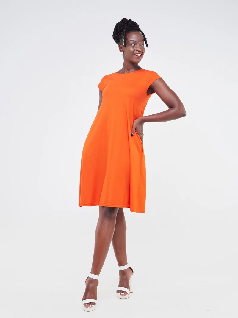 Vivo Basic Kena Tent Knee Length Dress in Ponte - Orange
