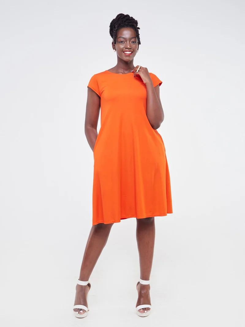 Vivo Basic Kena Tent Knee Length Dress in Ponte - Orange