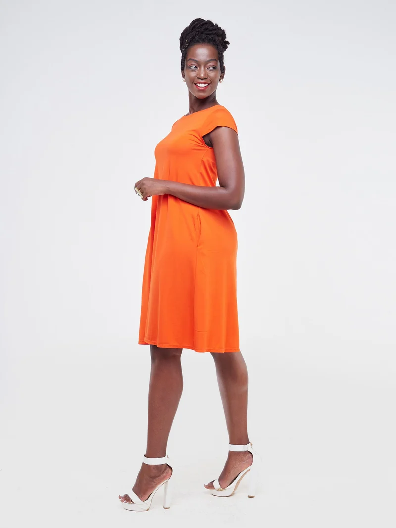 Vivo Basic Kena Tent Knee Length Dress in Ponte - Orange