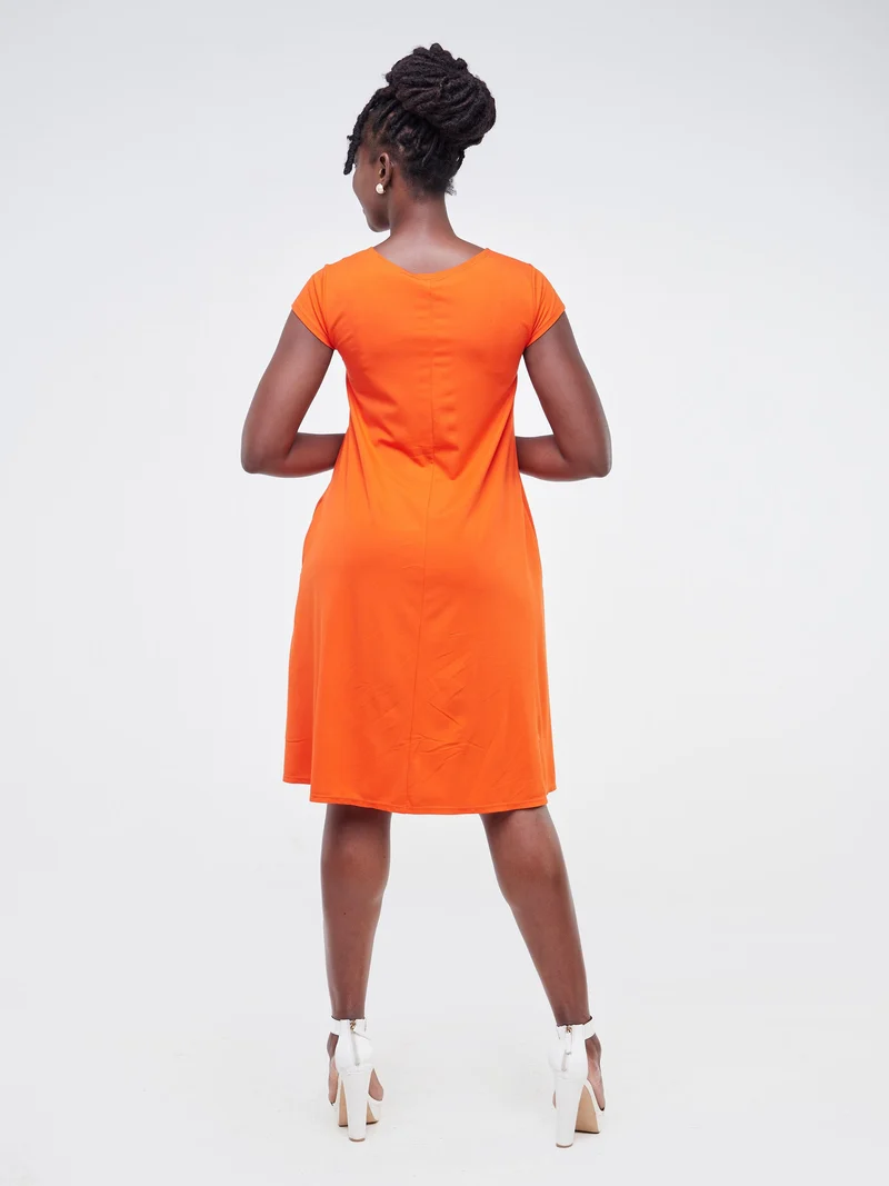 Vivo Basic Kena Tent Knee Length Dress in Ponte - Orange