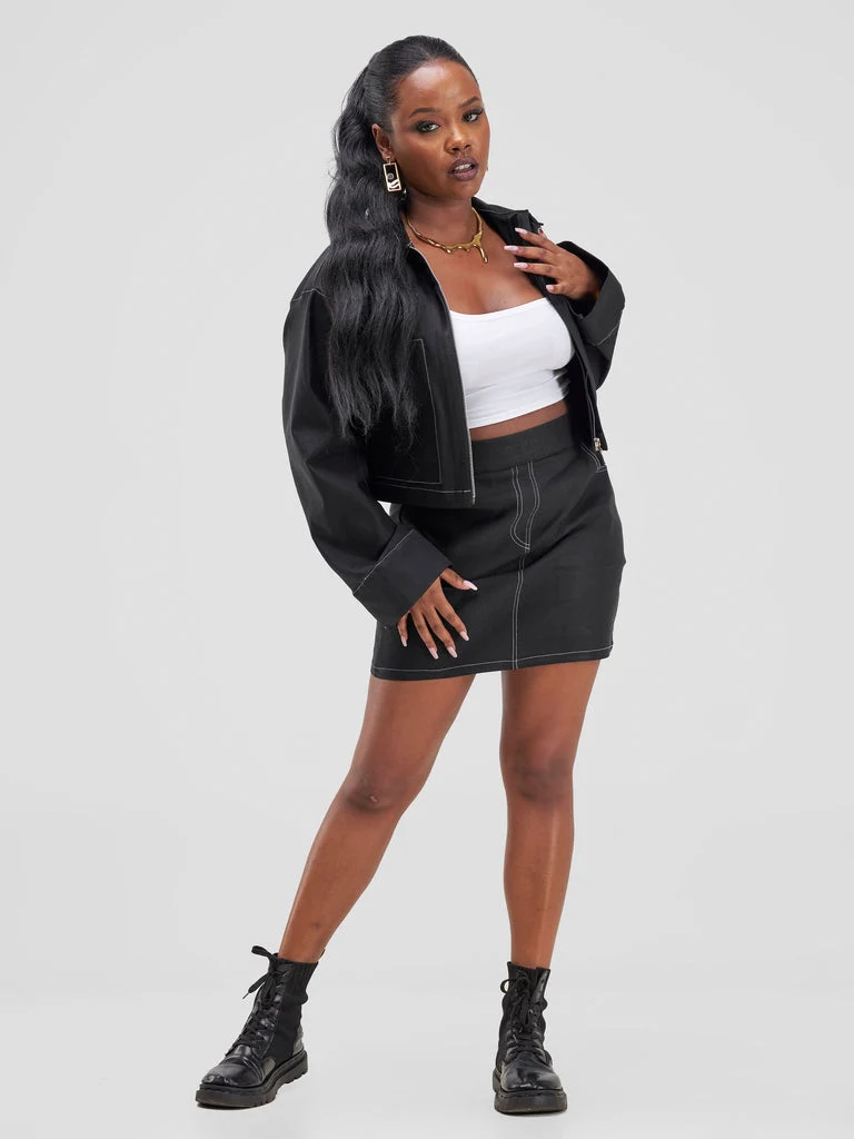 Zoya Yuni Contrast Stitch Mini Skirt - Black