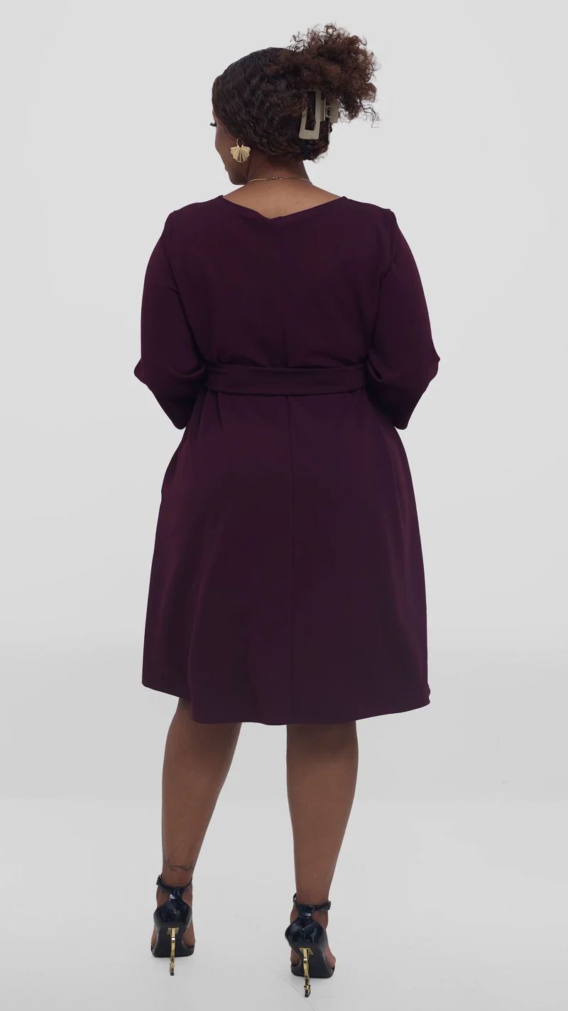 Vivo Imara 3/4 Sleeve Tent Dress In Ponte - Burgundy
