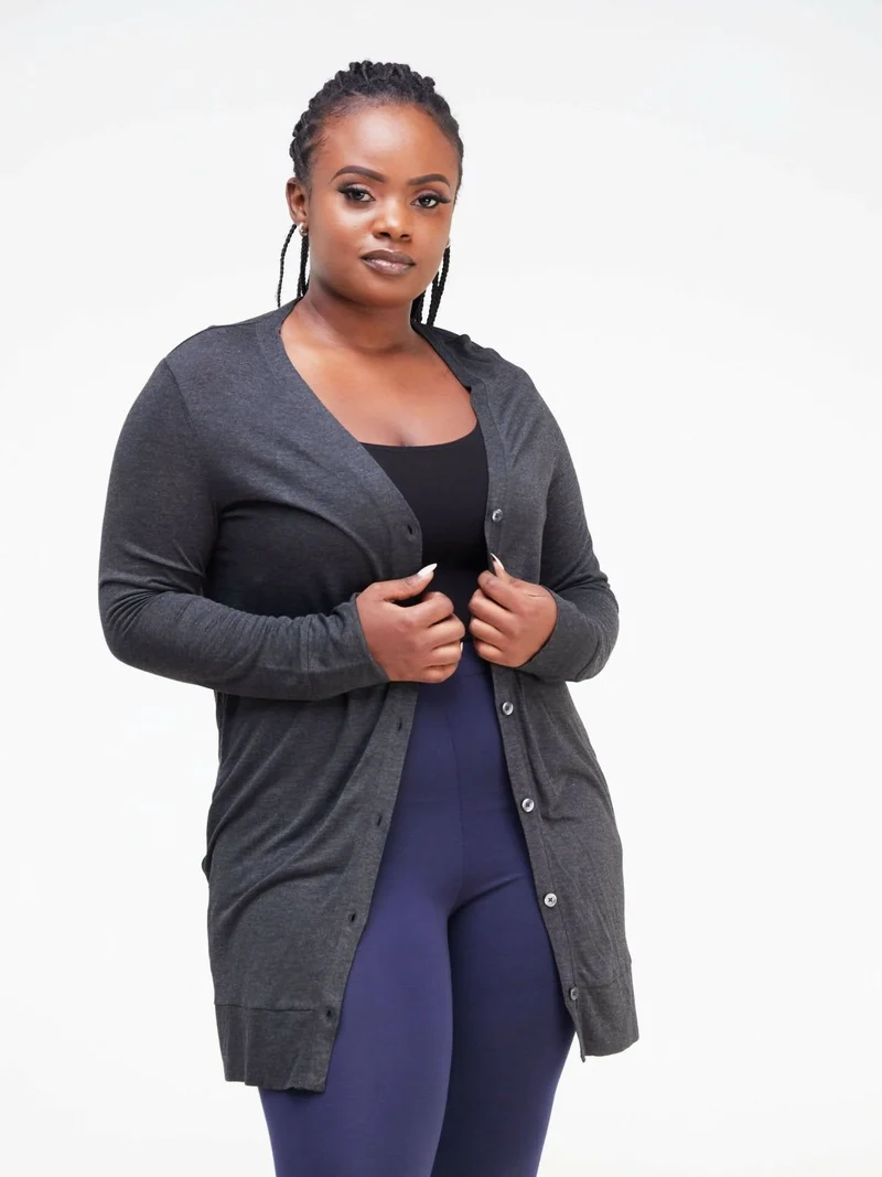 Hessed Midi Buttoned Waterfall - Dark Grey