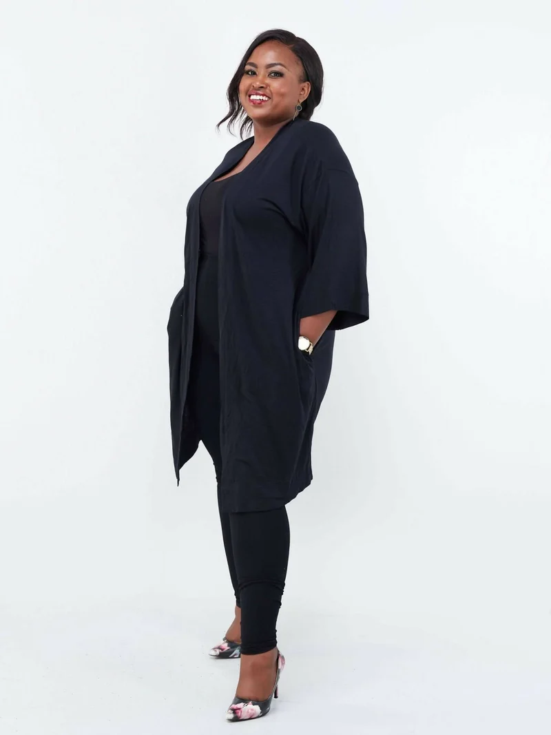 Hessed Long Buttonless Waterfall - Black