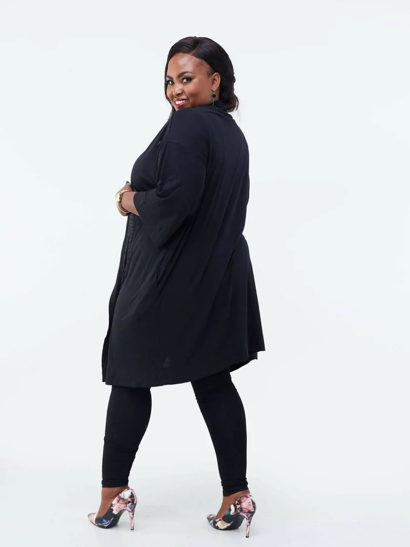 Hessed Long Buttonless Waterfall - Black