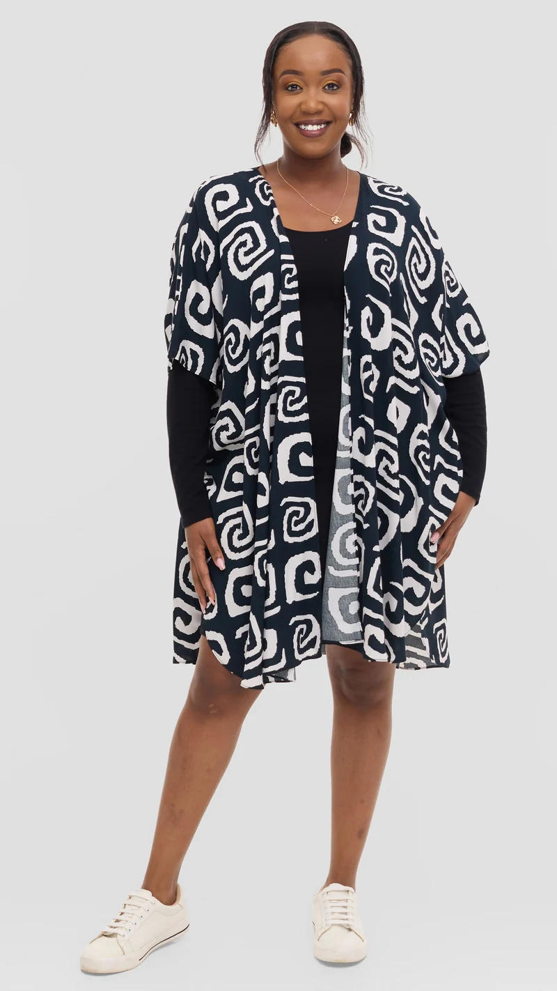 Vivo Samira Wide Kimono in Rayon - Black / White Spiral Print