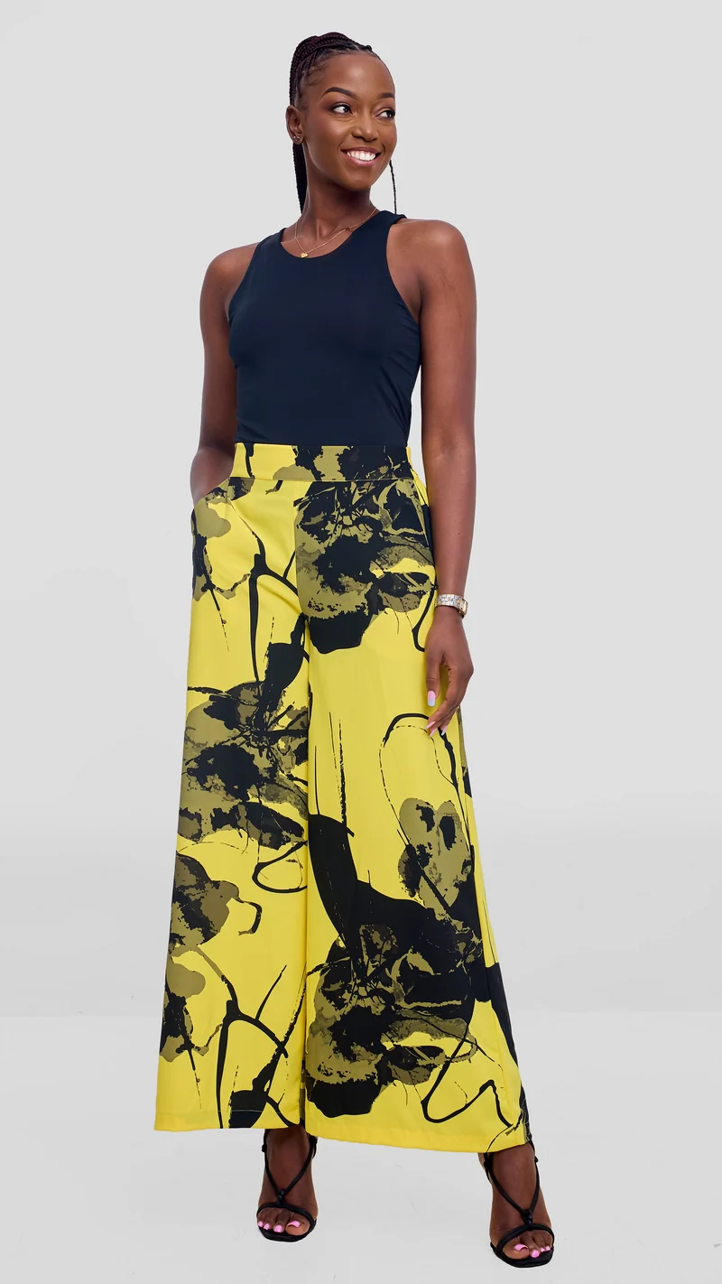 Vivo Liora Wide Leg Pants in Crepe - Yellow / Black Rozi Print