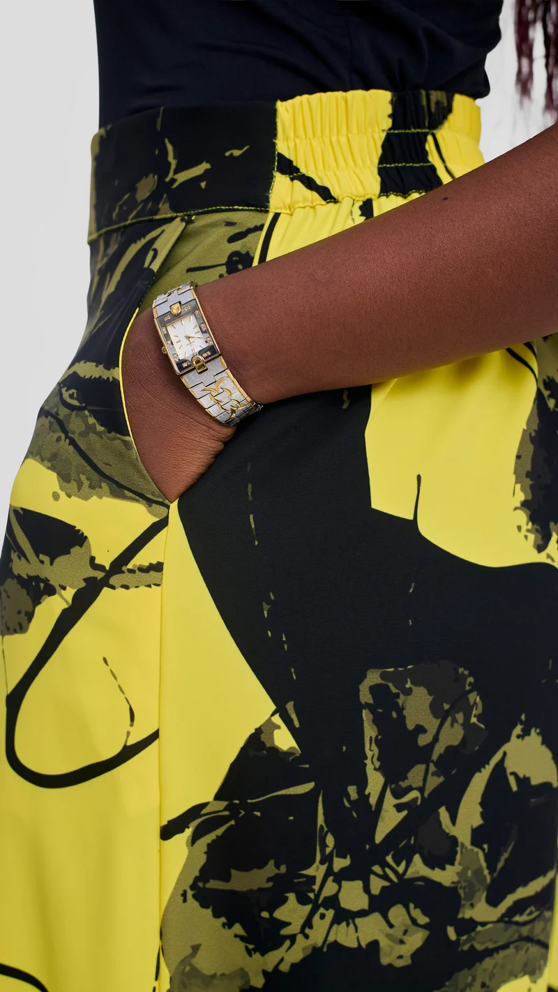 Vivo Liora Wide Leg Pants in Crepe - Yellow / Black Rozi Print