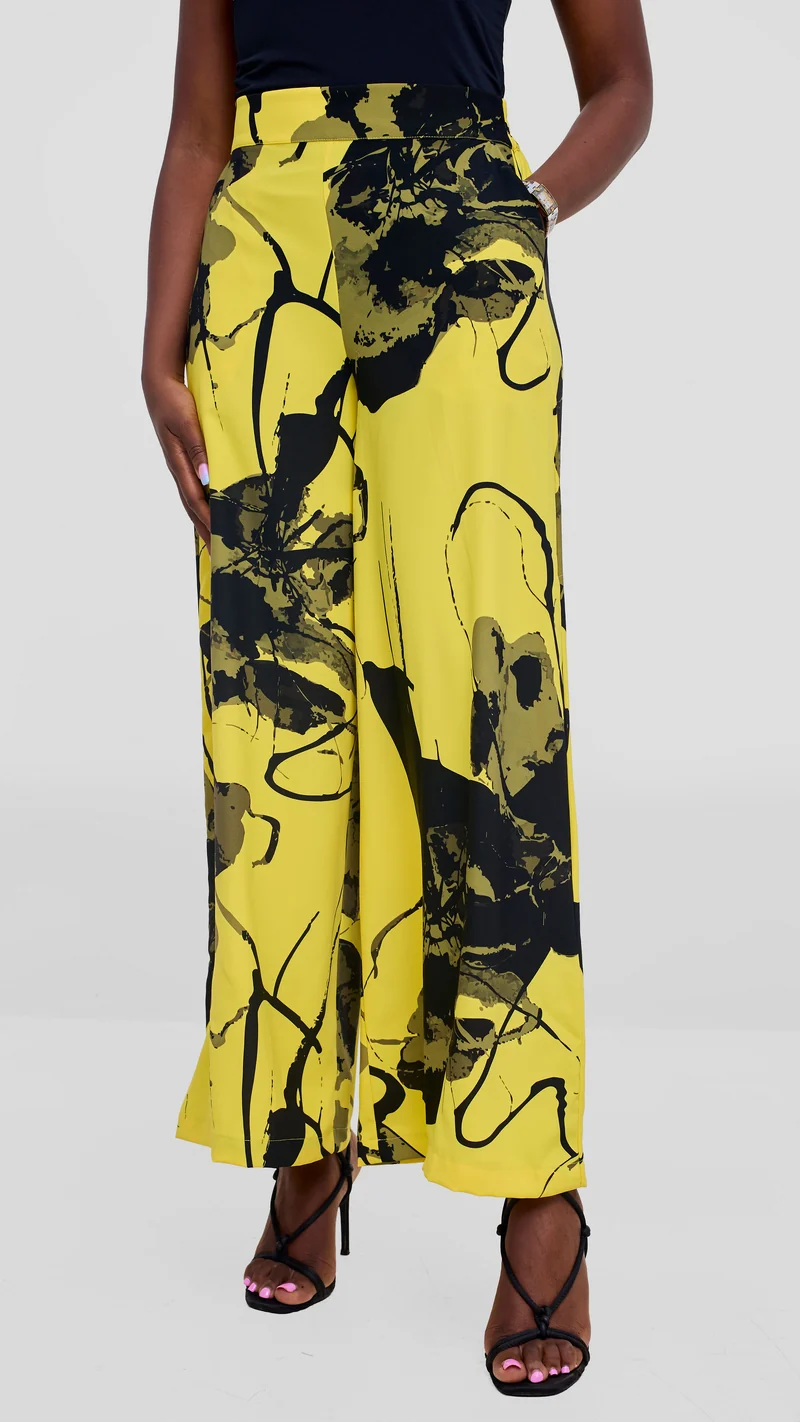 Vivo Liora Wide Leg Pants in Crepe - Yellow / Black Rozi Print