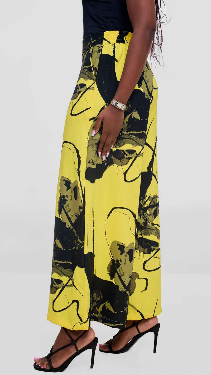 Vivo Liora Wide Leg Pants in Crepe - Yellow / Black Rozi Print
