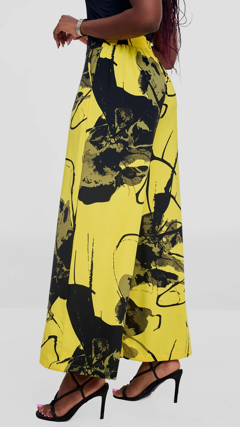 Vivo Liora Wide Leg Pants in Crepe - Yellow / Black Rozi Print