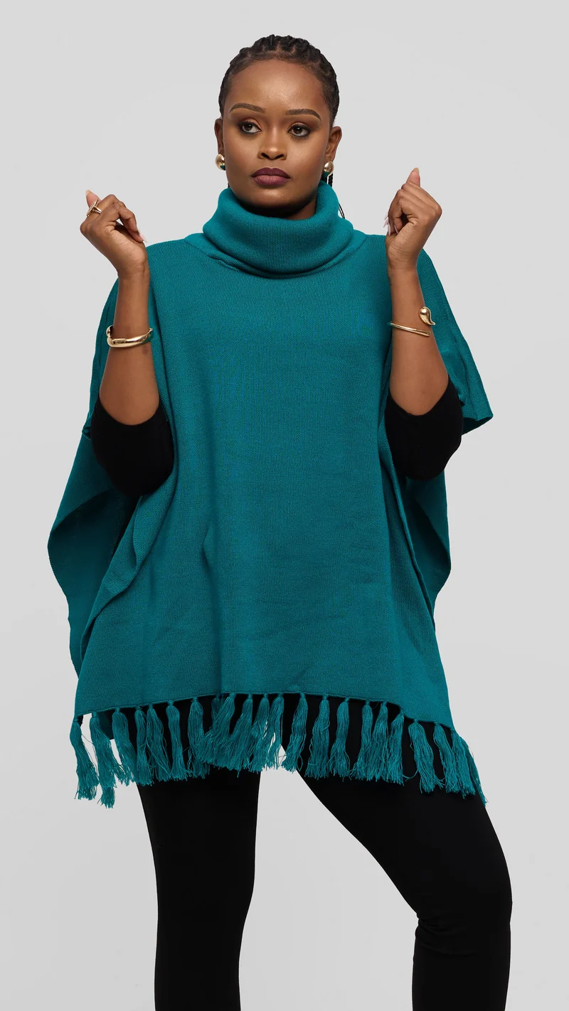Vivo Turtleneck Knit Fringe Poncho - Teal