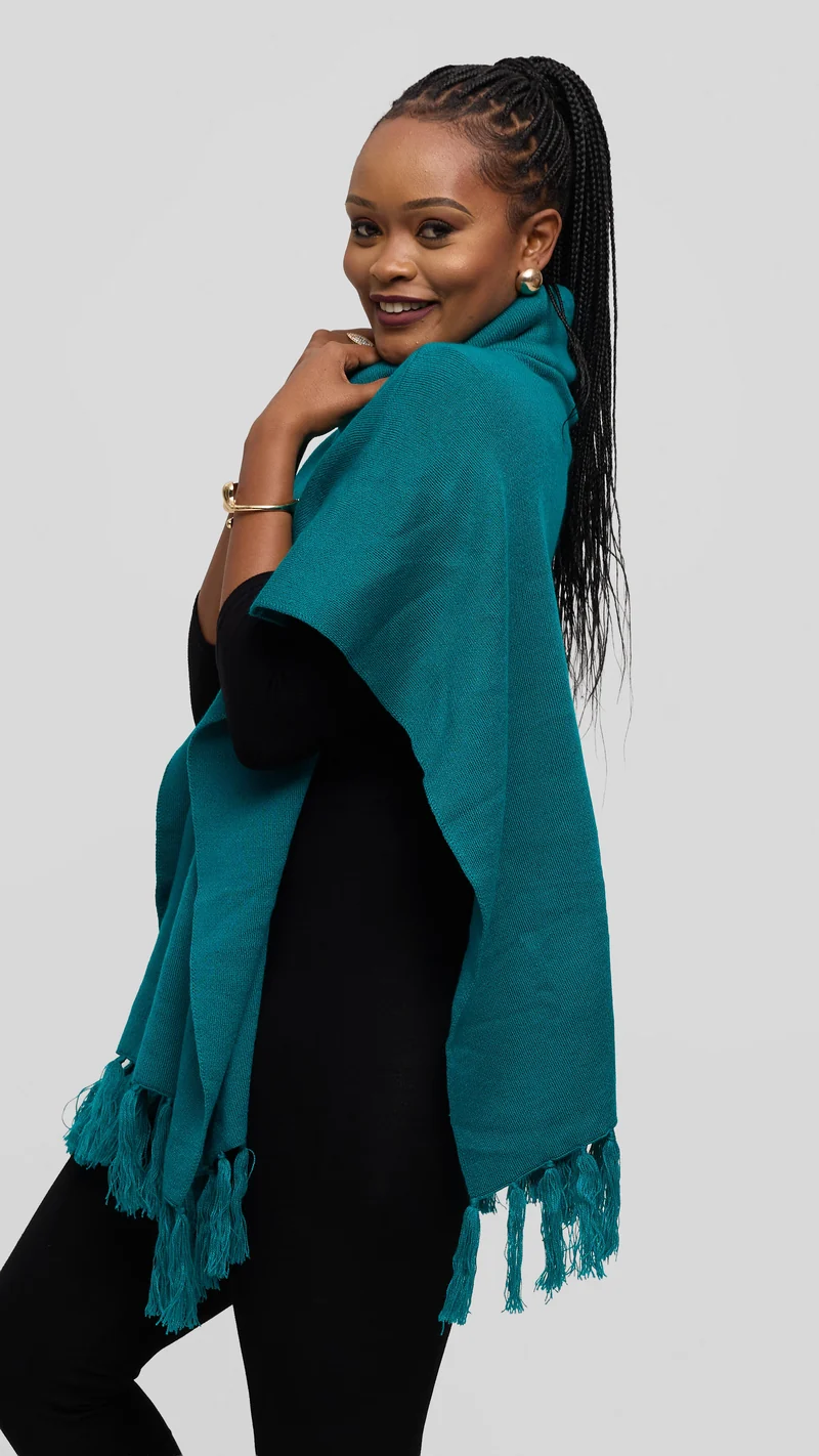 Vivo Turtleneck Knit Fringe Poncho - Teal