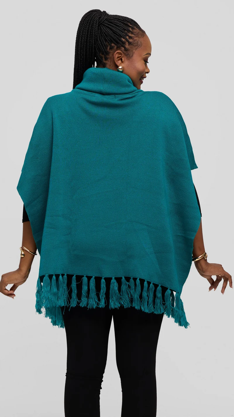 Vivo Turtleneck Knit Fringe Poncho - Teal