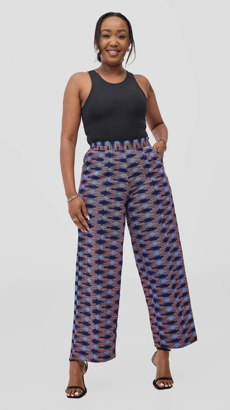 Vivo Kitenge Wide Leg Pants - Navy / Pink Bakari Print