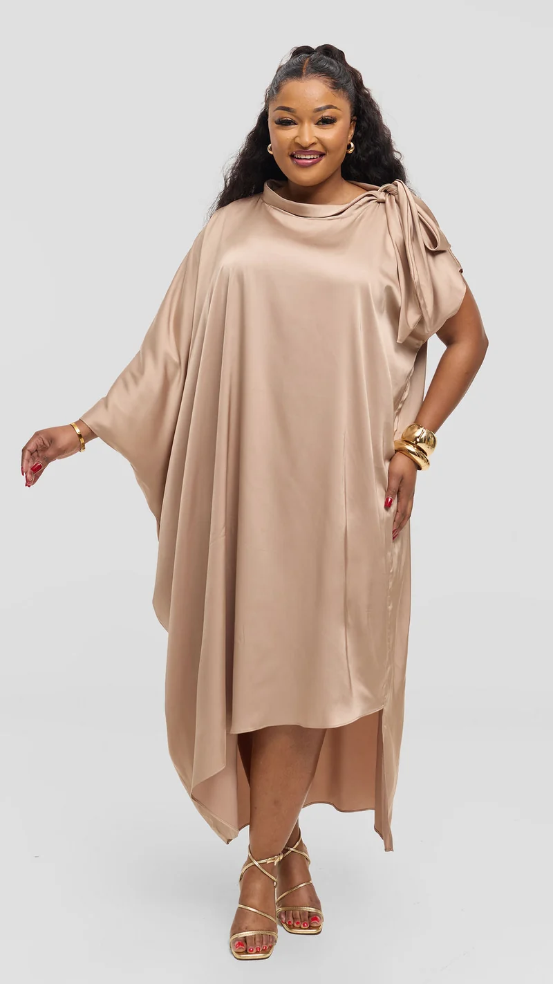 Vivo Takali Asymmetrical Midi Length Kaftan In Satin - Light Taupe