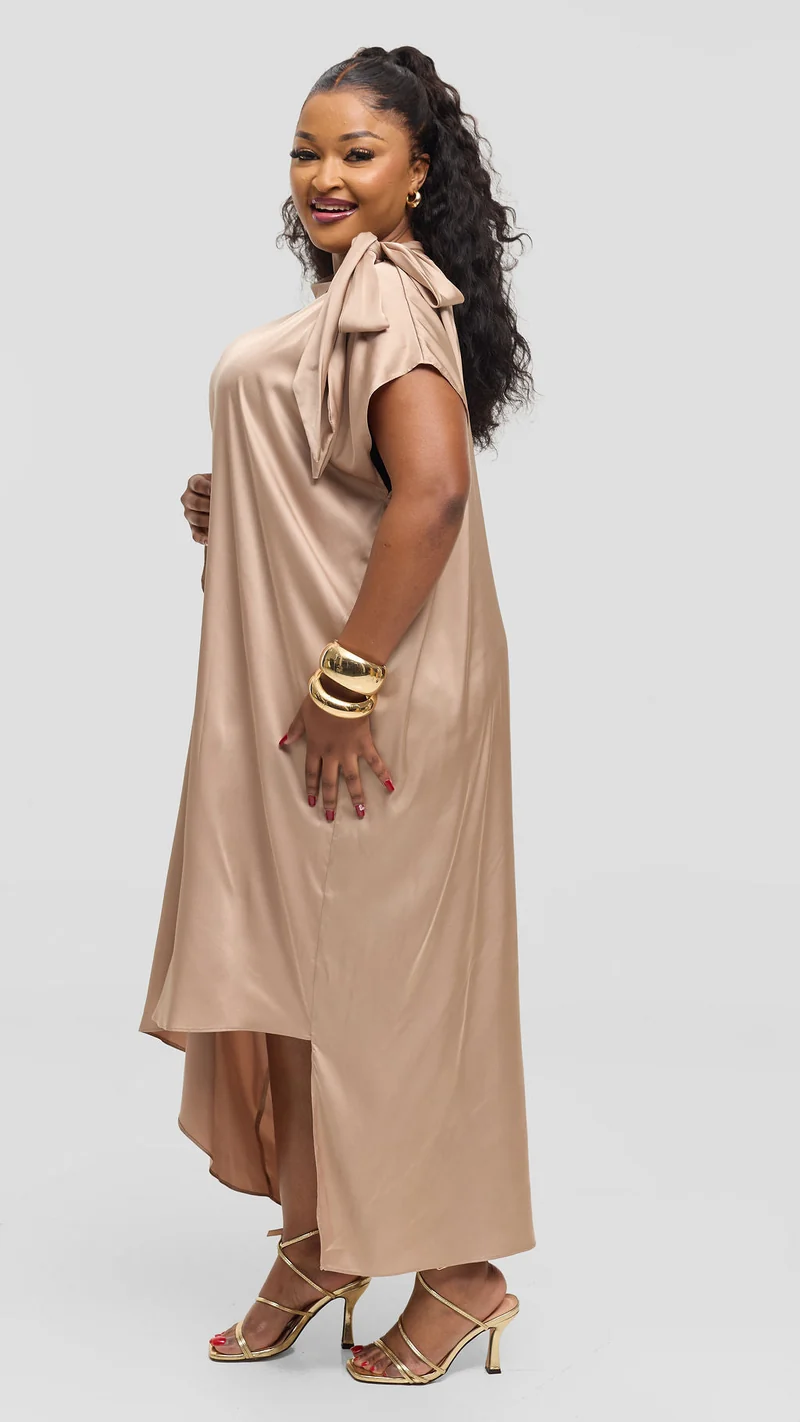 Vivo Takali Asymmetrical Midi Length Kaftan In Satin - Light Taupe