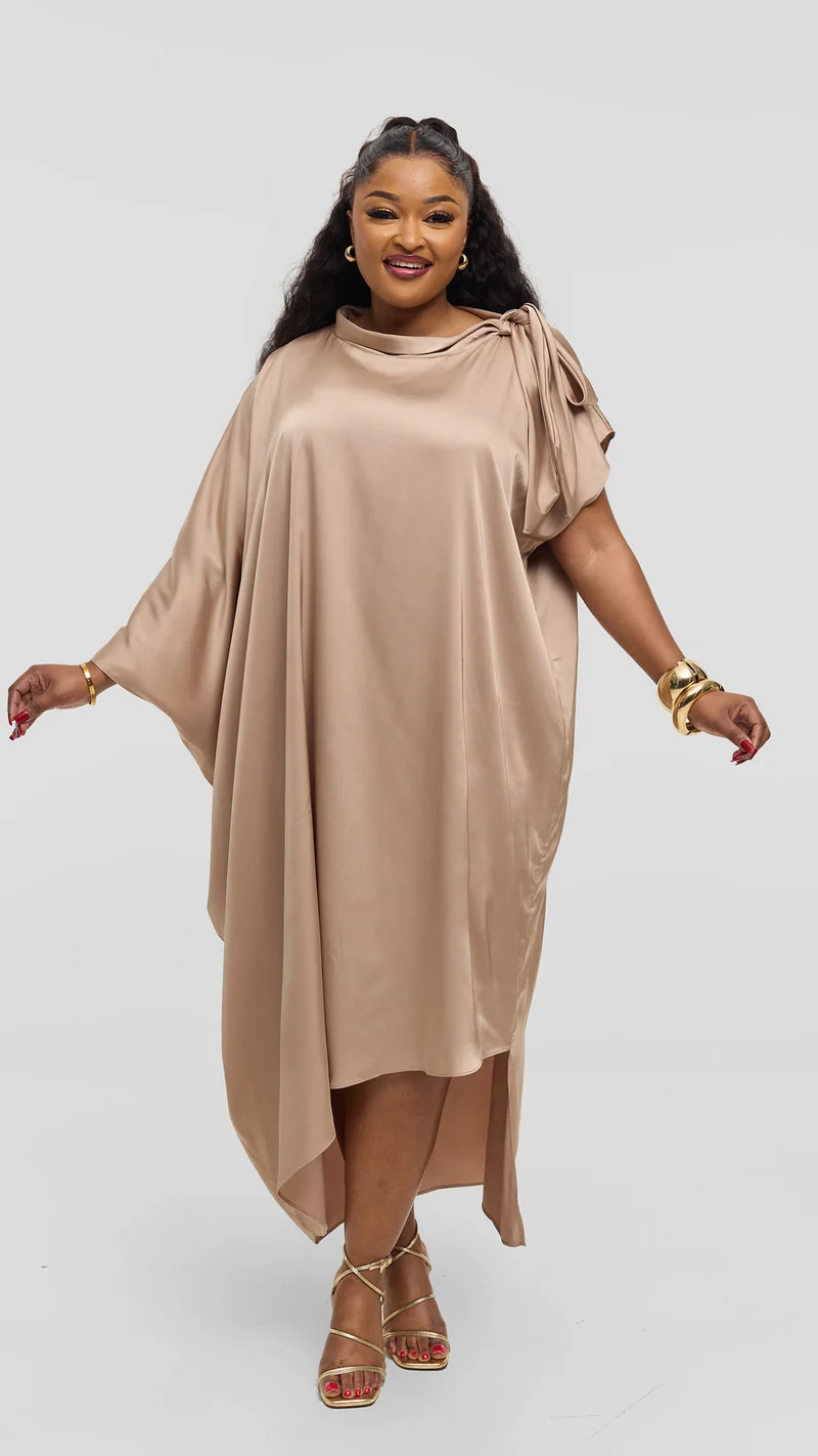 Vivo Takali Asymmetrical Midi Length Kaftan In Satin - Light Taupe