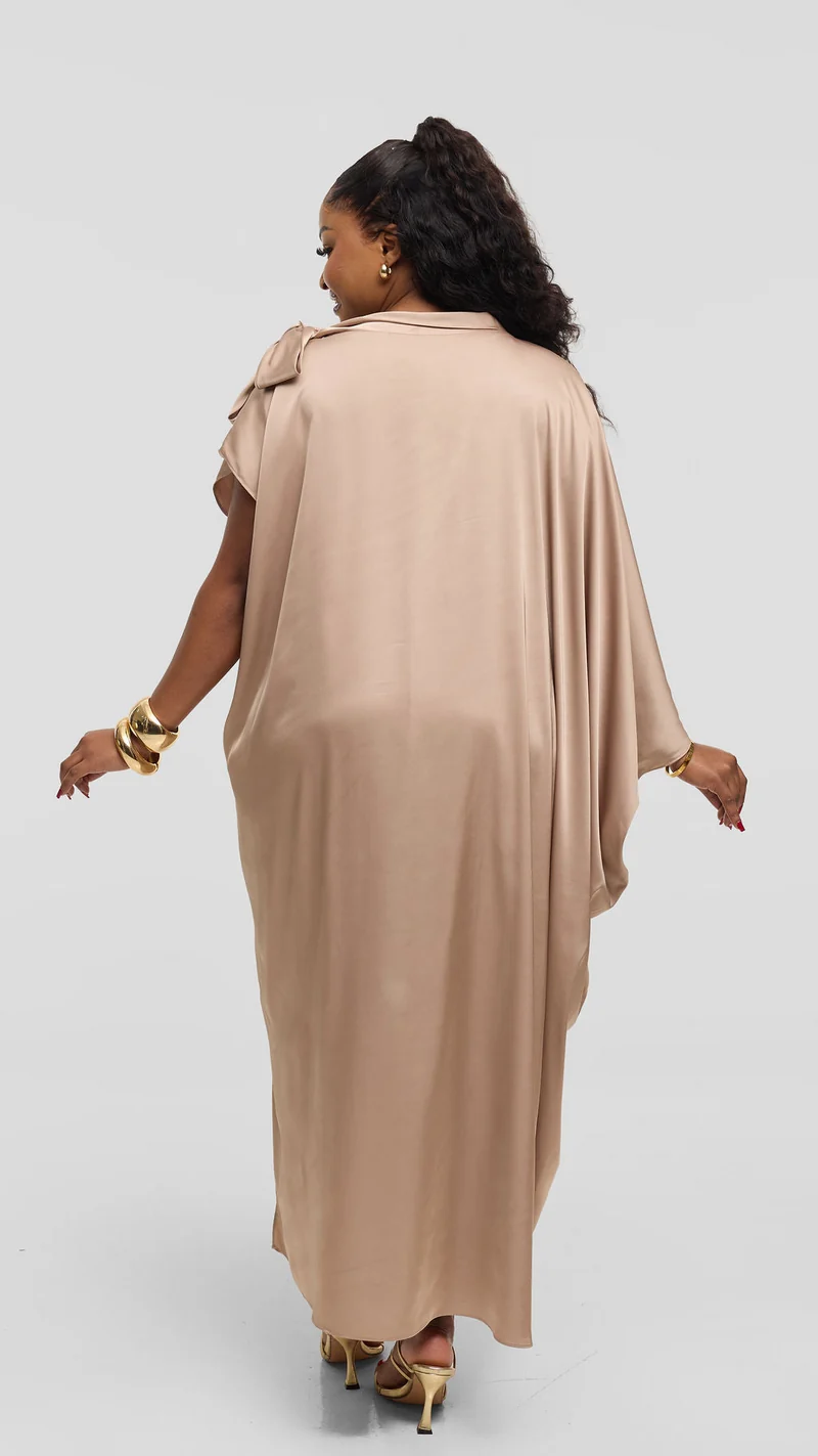 Vivo Takali Asymmetrical Midi Length Kaftan In Satin - Light Taupe