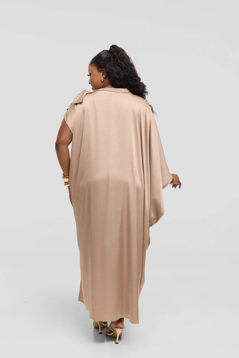 Vivo Takali Asymmetrical Midi Length Kaftan In Satin - Light Taupe