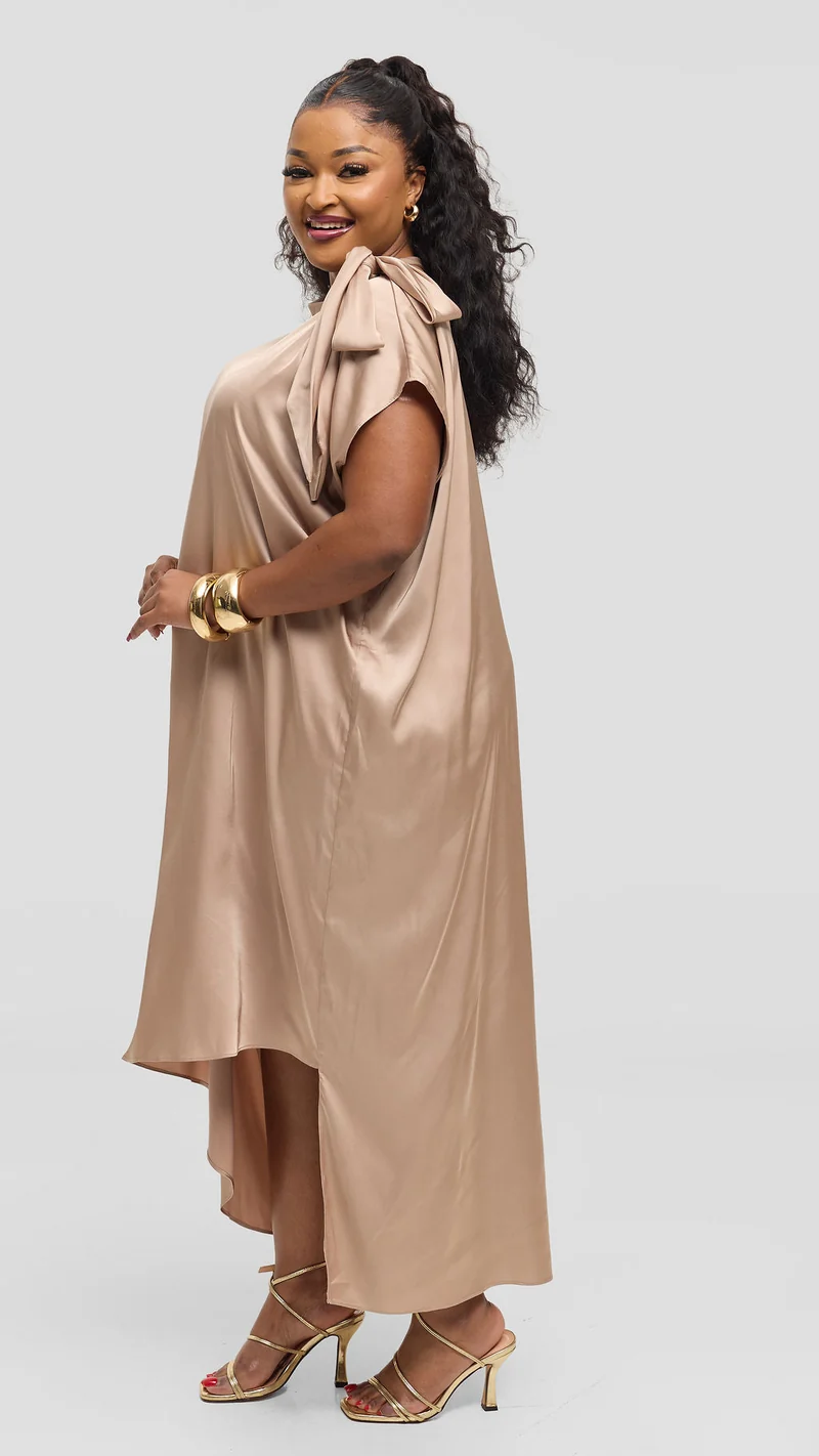 Vivo Takali Asymmetrical Midi Length Kaftan In Satin - Light Taupe
