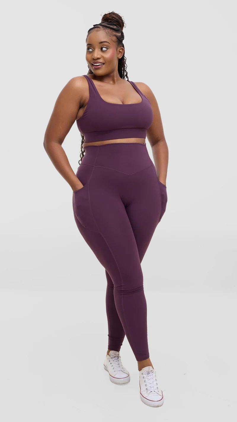 Flen Store High Impact Sports Bra and Leggings with Pockets Set - Dark Purple