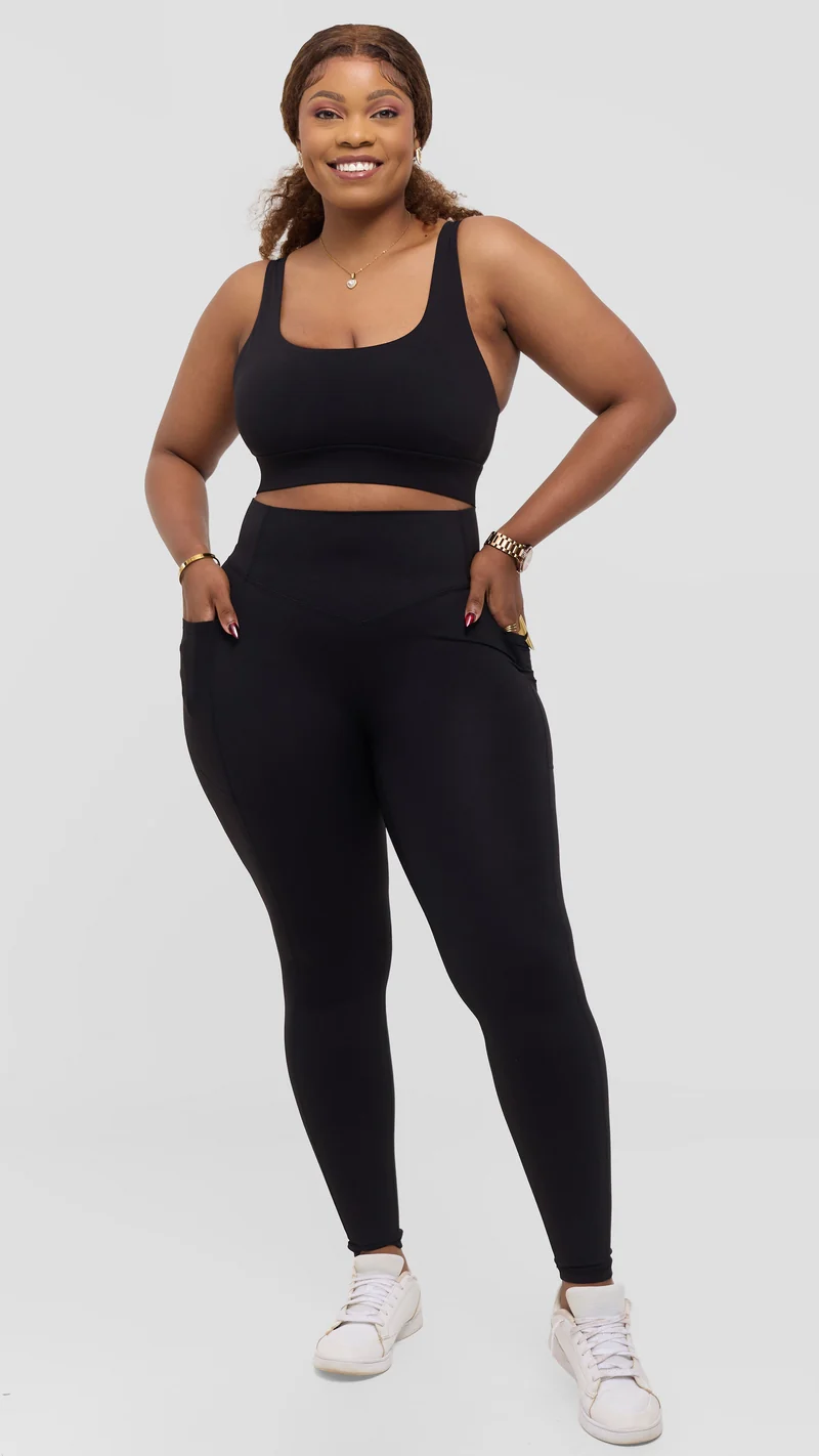 Flen Store High Impact Sports Bra and Leggings with Pockets Set - Black