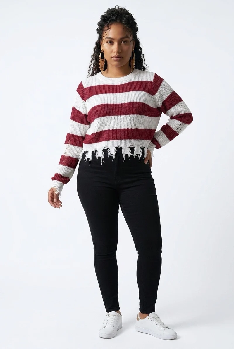 Stylish Sisters Distressed Frayed Hem Pullover Knit Sweater Top - White / Maroon