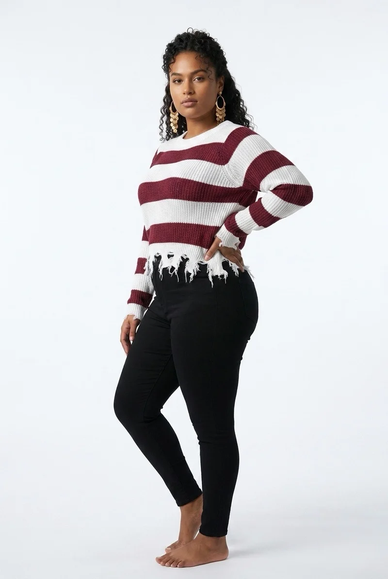 Stylish Sisters Distressed Frayed Hem Pullover Knit Sweater Top - White / Maroon