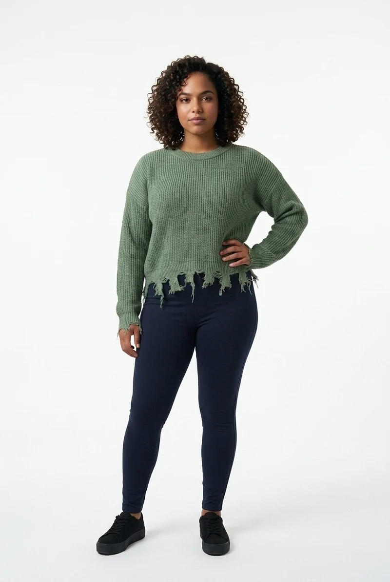Stylish Sisters Distressed Frayed Hem Pullover Knit Sweater Top - Green