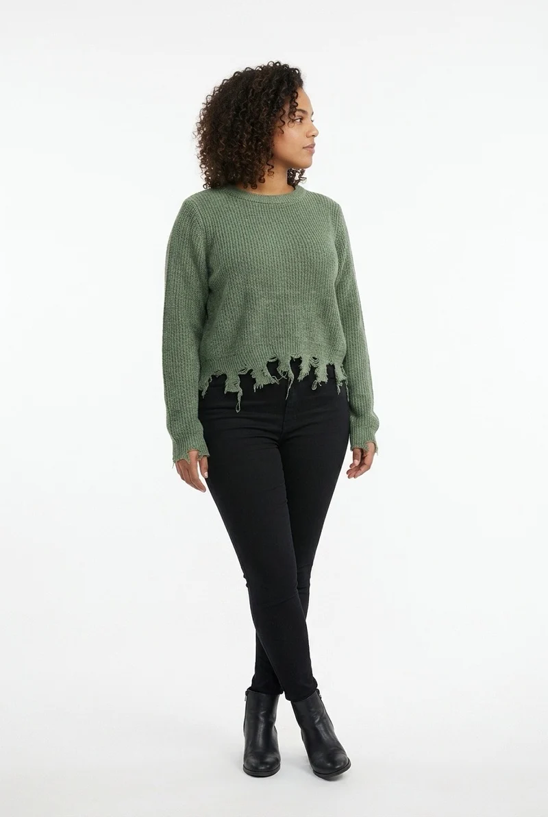 Stylish Sisters Distressed Frayed Hem Pullover Knit Sweater Top - Green